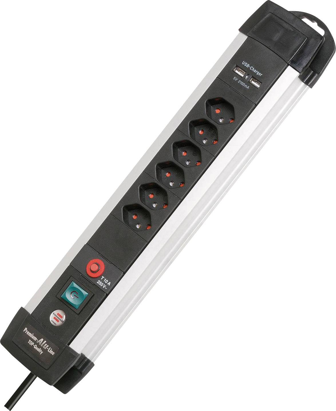 Listwa zasilająca z sześcioma gniazdkami elektrycznymi, złączem USB oraz przełącznikiem kołyskowym do włączania/wyłączania.