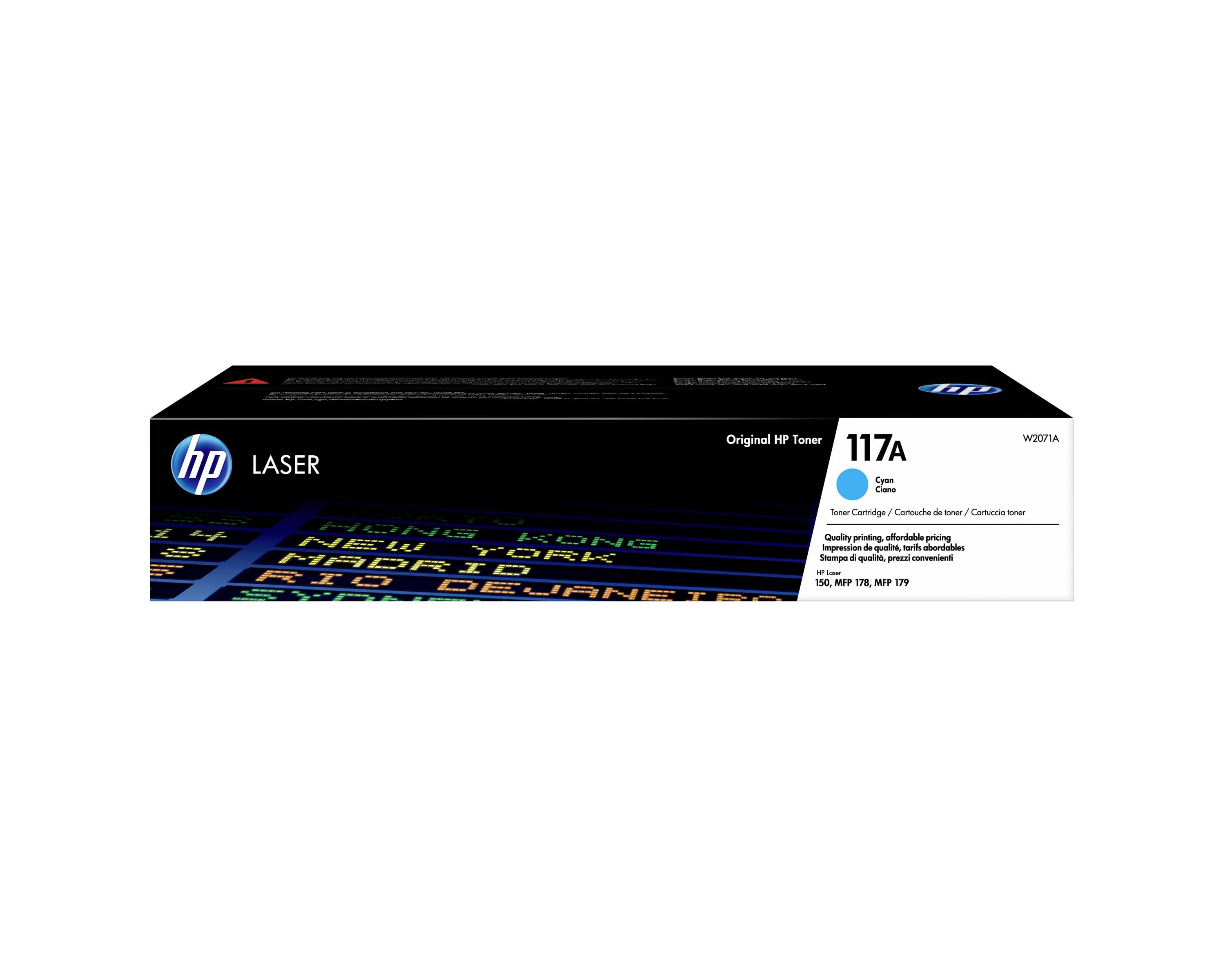 Pudełko oryginalnego czarnego wkładu tonera HP Laser 117A na białym tle.