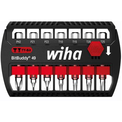 Zestaw bitów wkrętakowych Wiha BitBuddy 49 składający się z 9 różnych bitów w czarno-czerwonym etui, w tym PH2, PZ1, T10-T25.