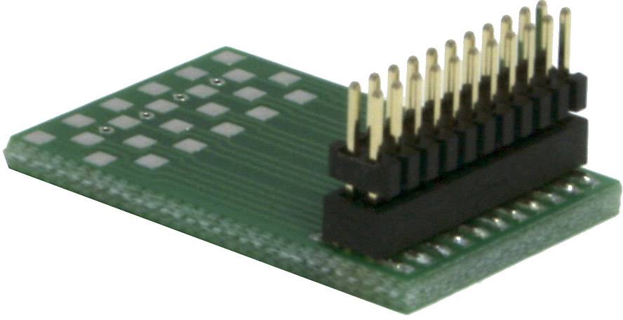 Zielona płytka drukowana ze złotymi pinami, prawdopodobnie moduł elektroniczny lub adapter, na białym tle.