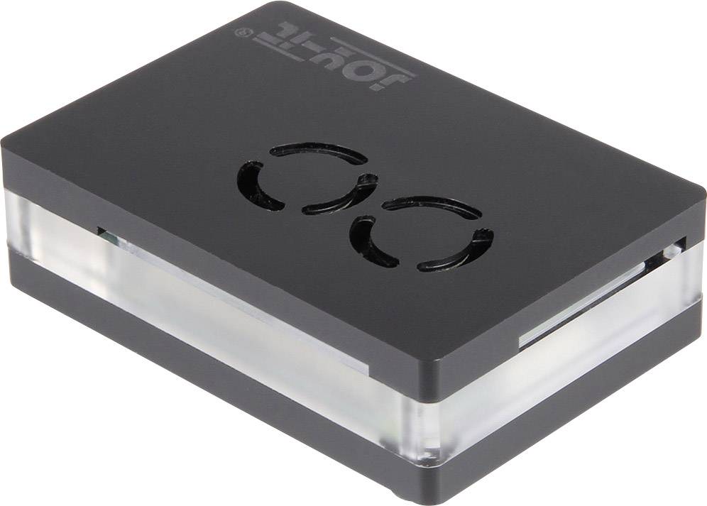 Prostokątna, czarna obudowa z dwoma otworami wentylacyjnymi na górnej powierzchni. Posiada transparentne ścianki boczne.