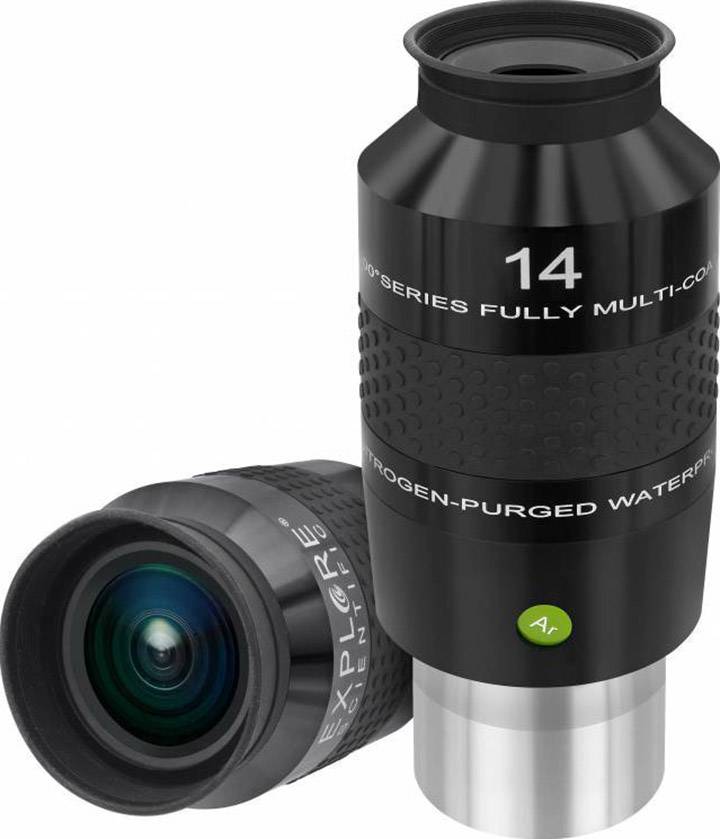 Dwa okulary o czarnej powierzchni z napisami: „Oczyszczone azotem wodoszczelne", „14", odpowiednie do teleskopów.