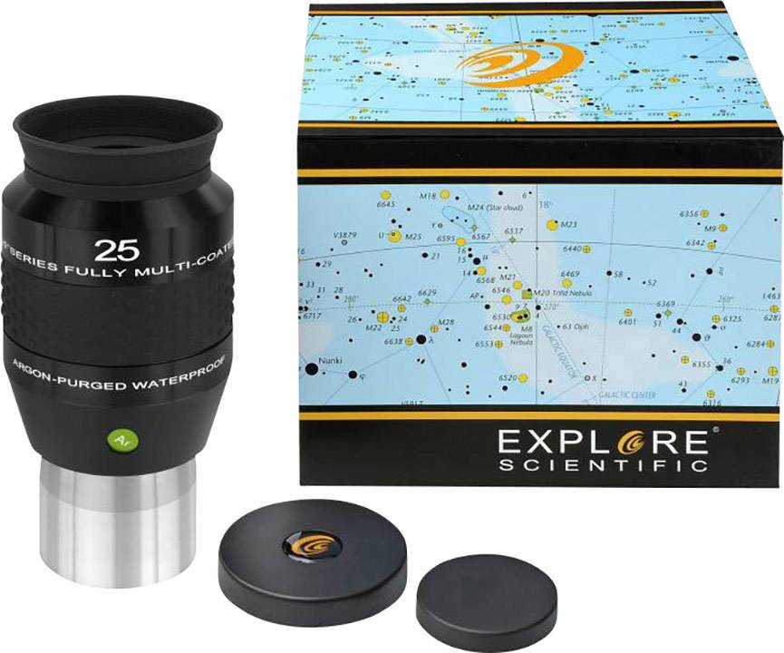 Opakowanie okularu astronomicznego firmy Explore Scientific z mapą gwiazdozbiorów. Zawiera okular i dwie nakładki.