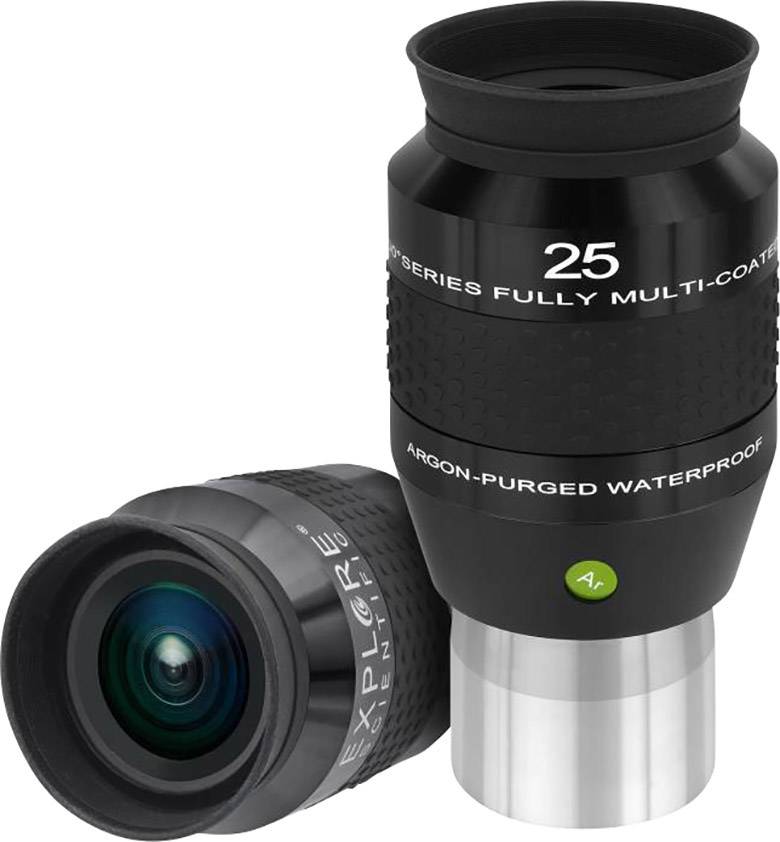 Dwie czarne soczewki okularowe z napisem '25', jedna stojąca, druga leżąca, odpowiednie do teleskopów; gotowe do użycia w astronomii.