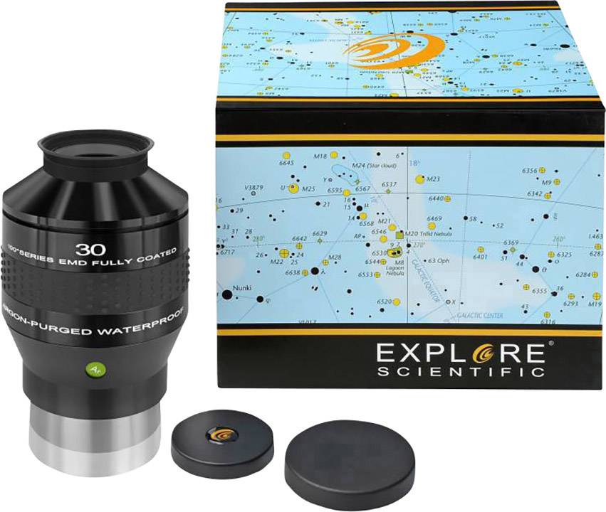Okular teleskopu oraz towarzysząca mu pudełko z wzorem map gwiezdnych. Na pudełku widnieje napis 'Explore Scientific'.