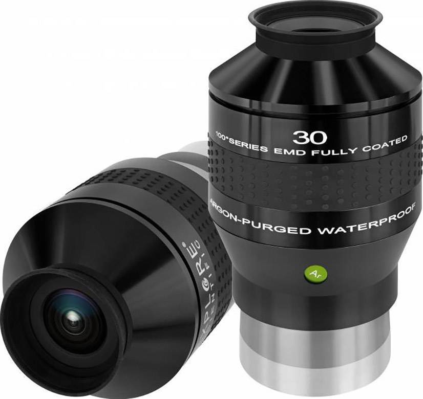 Dwie lunety, jedna leżąca, a druga stojąca, z napisami „Seria 100° w pełni powlekana" oraz „Wodoszczelna, wypełniona argonem".