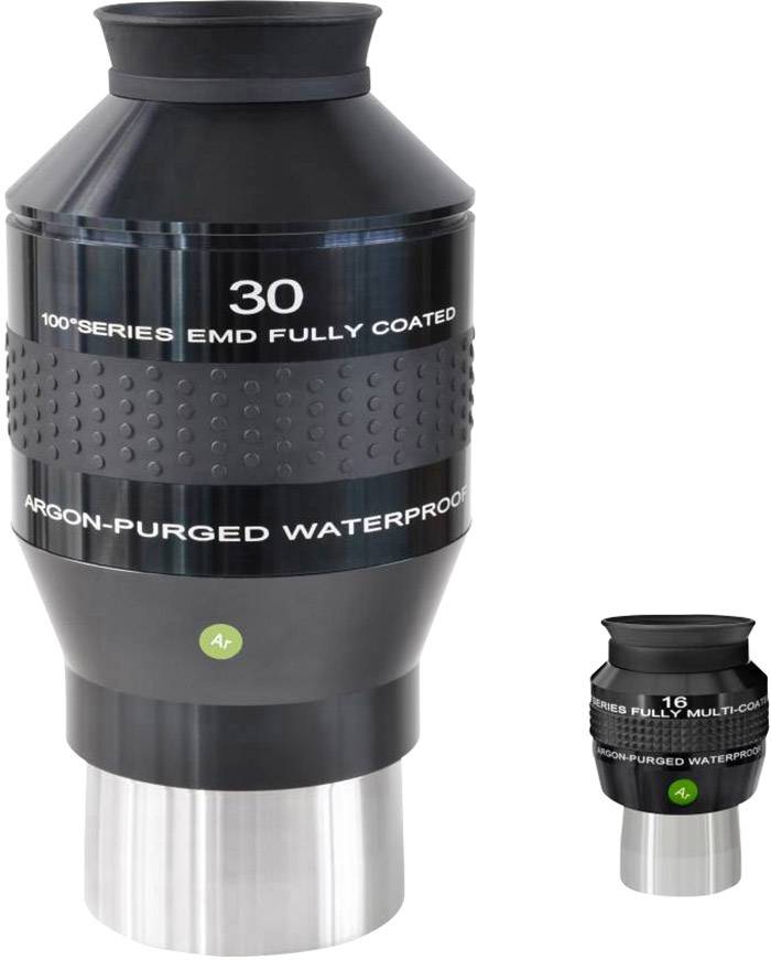 Dwa czarne, cylindryczne okulary z napisami '100° Series EMD Fully Coated'. Lewy jest większy z numerem '30'.