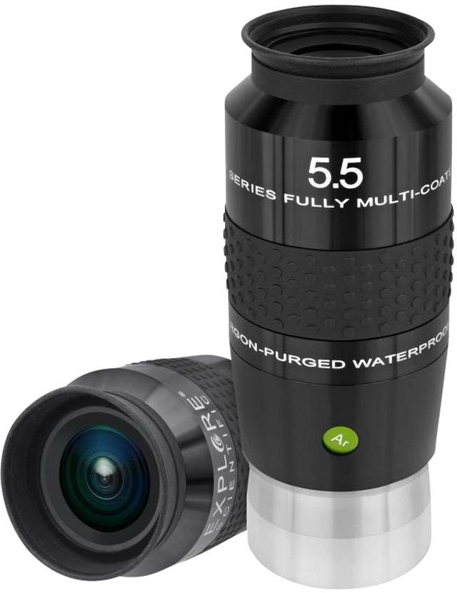 Teleskopowy okular o ogniskowej 5,5 mm, w pełni wielowarstwowo powlekany i wodoszczelny. Obok leży kolejny okular.