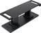 Czarny, prostokątny stojak metalowy z dwoma poziomymi poziomami. Służy do stabilizacji lub jako podstawa do wyświetlania.