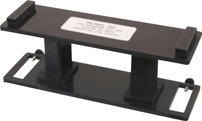 Czarny, prostokątny element metalowy z dwoma stabilnymi słupami i etykietą na górnej powierzchni.