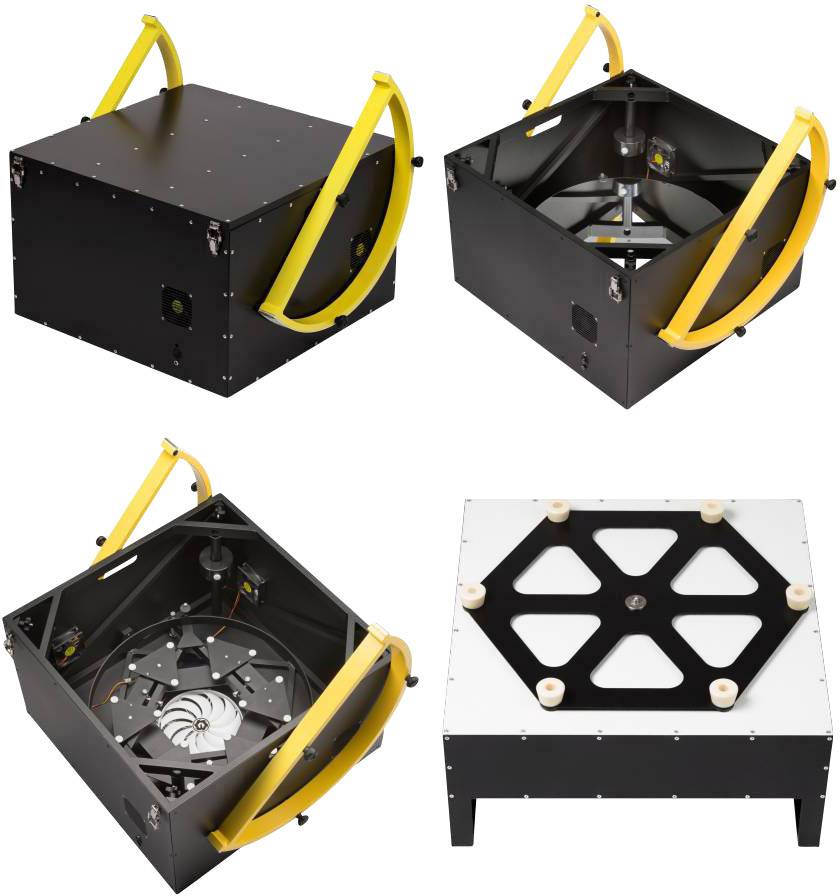 Cztery widoki czarnego urządzenia mechanicznego z żółtymi uchwytami i strukturą przypominającą wentylator wewnątrz.