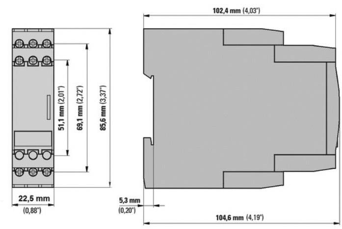Rysunek techniczny elementu elektrycznego z dokładnymi wymiarami w milimetrach: 102,4 x 104,6 x 85,6.