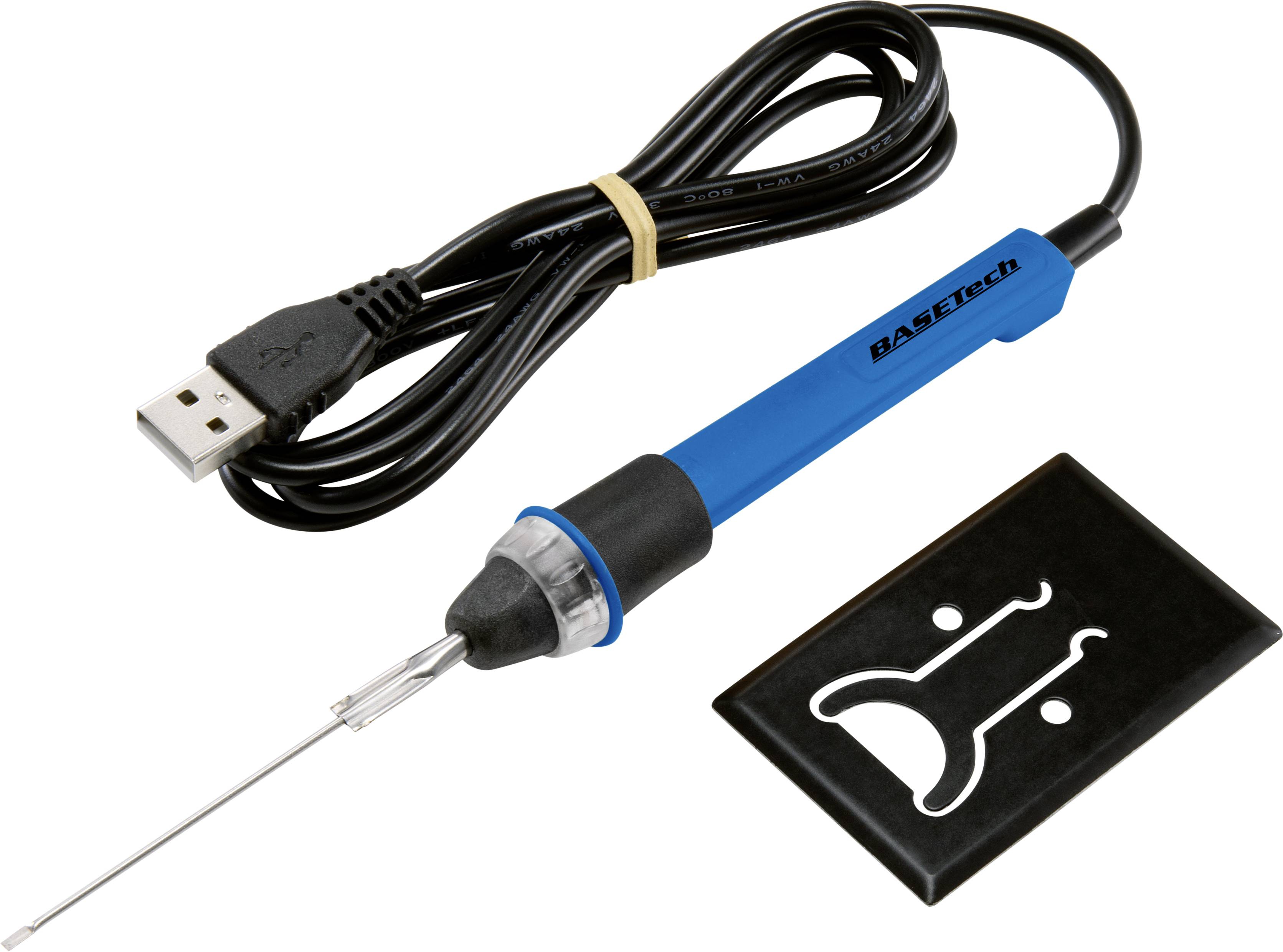 Lutownica z kablem USB, niebieski uchwyt i metalowy grot, umieszczona obok czarnej płyty z białym logo. Idealna do prac elektronicznych.