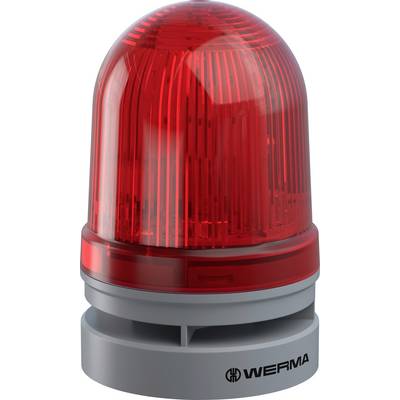 Czerwona ostrzegawcza lampa sygnalizacyjna o kształcie cylindrycznym, zamontowana na szarej podstawie, oznaczona etykietą 'WERMA'. Jest przeznaczona do sygnalizacji w środowiskach przemysłowych.