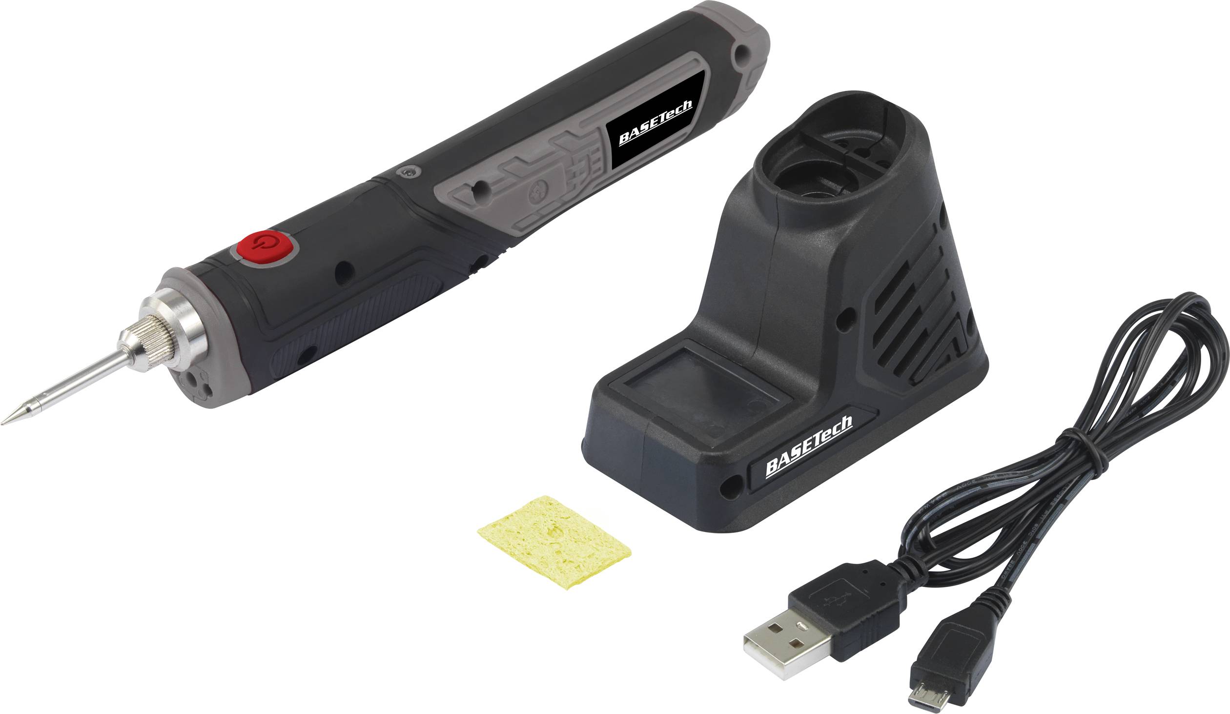 Bezprzewodowy lutownik z bazą ładującą, kablem USB i gąbką. Odpowiedni do precyzyjnych prac lutowniczych w miejscach bez dostępu do gniazdka elektrycznego.