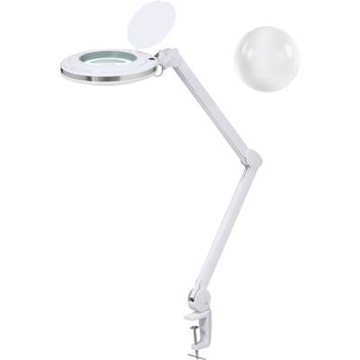 Lampa LED 'Helleluja' z zaciskiem i elastycznymi podwójnymi ramionami, dużą lupą powiększającą i dodatkową osłoną lupy.