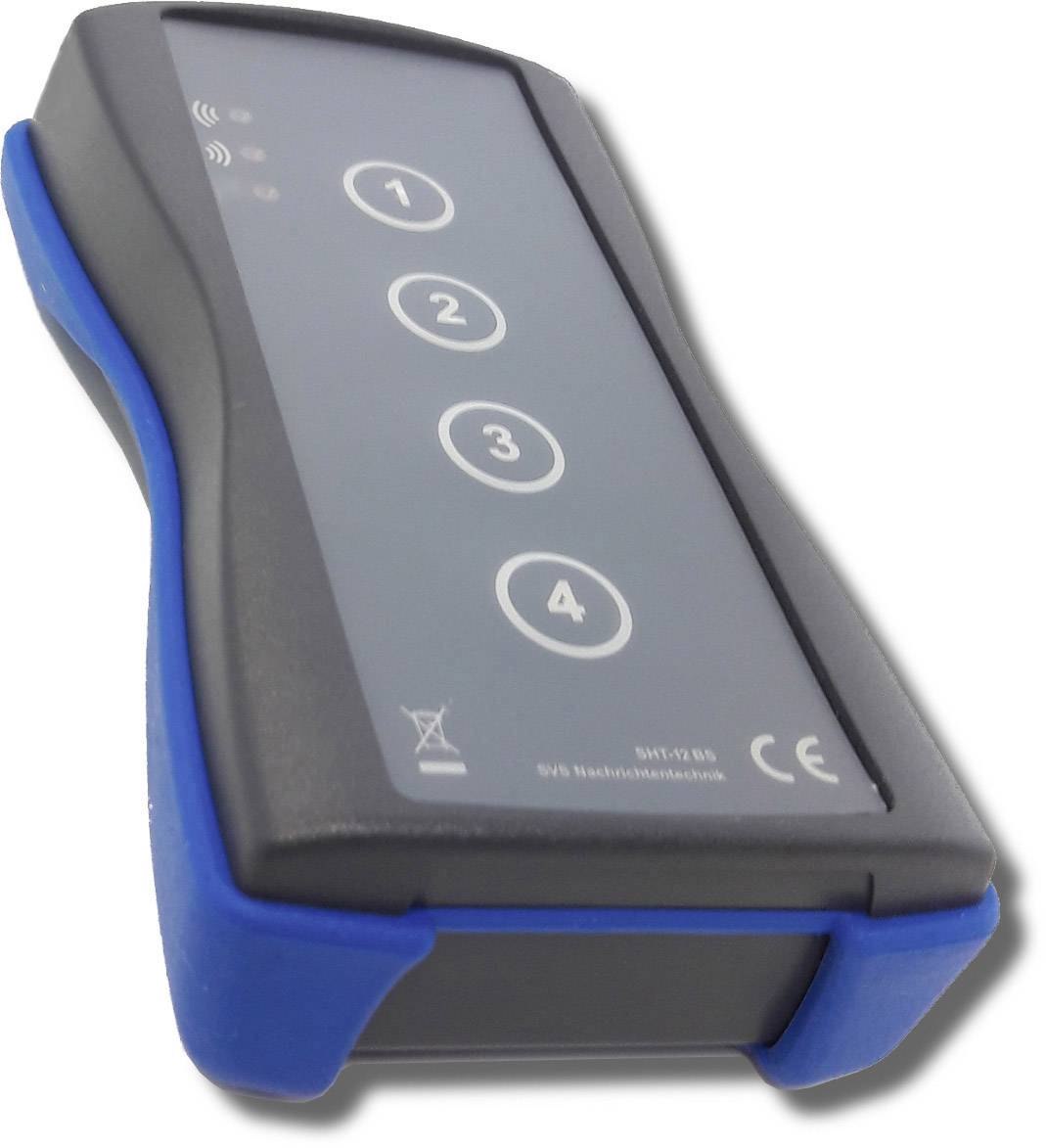 Niebieskie, trzymane w ręku urządzenie z czterema ponumerowanymi przyciskami od 1 do 4 na przedniej stronie, służące do sterowania lub wprowadzania danych.