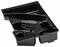 Czarna, ukształtowana plastikowa taca z wieloma przegródkami, używana do przechowywania lub pakowania przedmiotów.