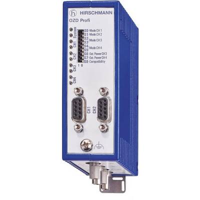 Elektroniczne urządzenie z niebieską obudową, model 'HIRSCHMANN OZD Profi', prezentuje złącza, przełączniki i oznaczenia dla różnych kanałów.