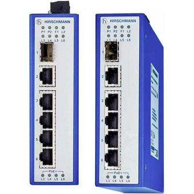 Dwa niebieskie switche sieciowe, każdy wyposażony w liczne porty Ethernet i wskaźniki LED. Na górze widoczna nazwa marki 'Hirschmann'.