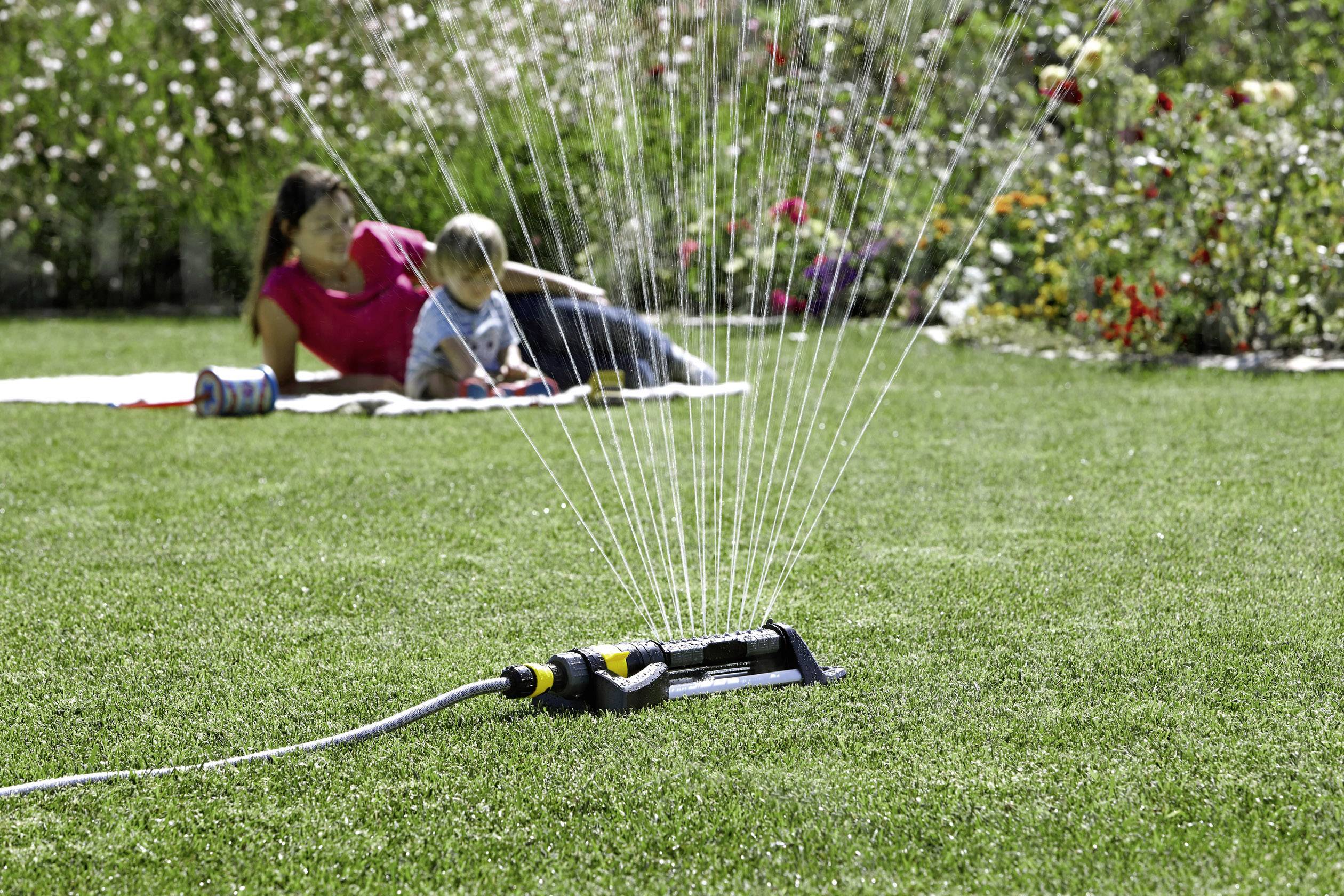 Zraszacz nawadnia zielony trawnik, podczas gdy w tle dwie osoby siedzą na kocu i rozmawiają.