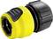 Żółty łącznik wężowy z czarnym mechanizmem zamykającym, odpowiedni do węży ogrodowych.