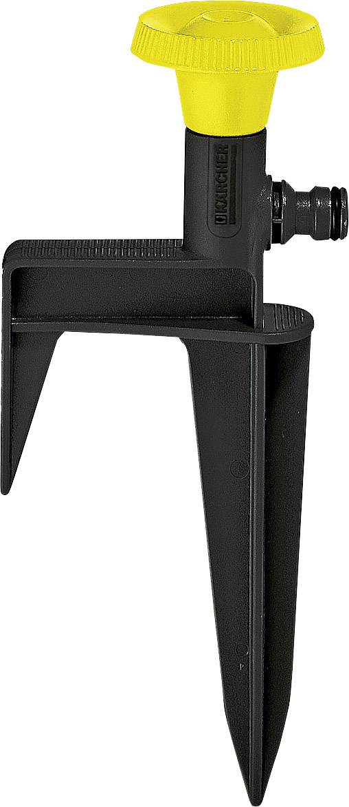Żółto-czarny zraszacz ogrodowy z grotem do mocowania w ziemi, prezentujący solidną i funkcjonalną budowę.