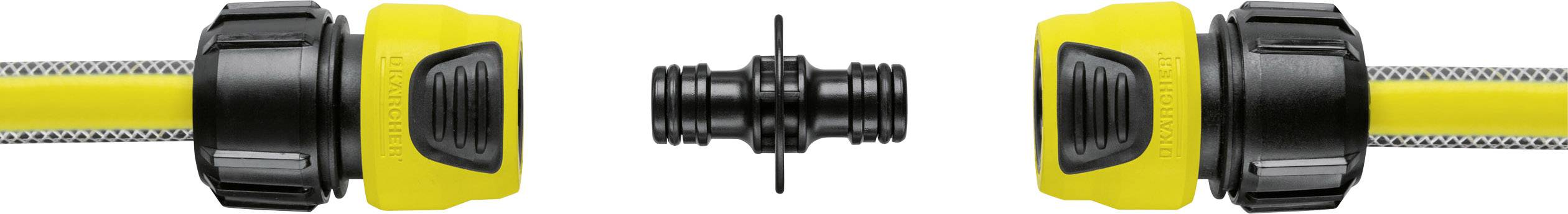 Dwa żółte węże ogrodowe z czarnymi złączkami, umieszczone po lewej i prawej stronie, połączone czarnym elementem łączącym pośrodku.