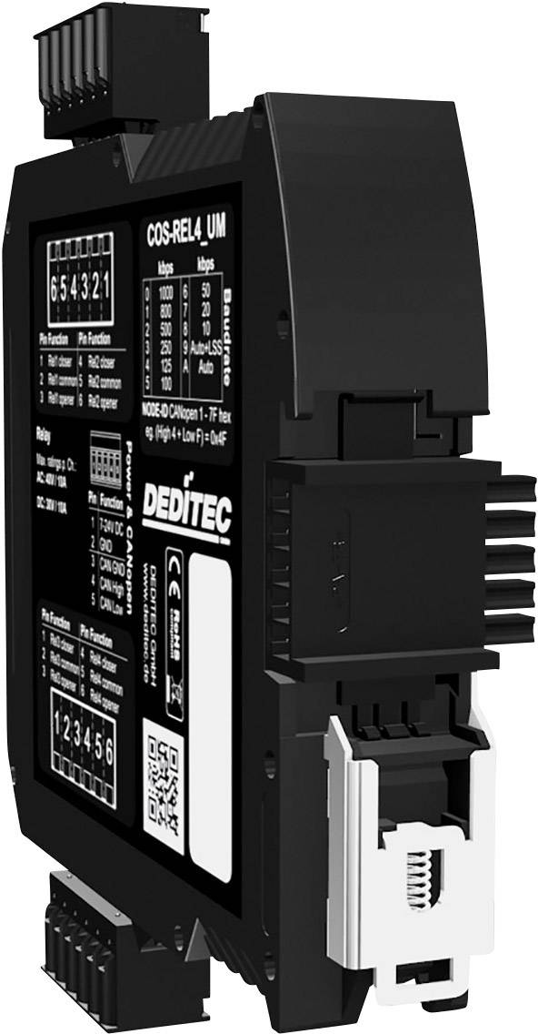 Moduł szynowy DIN firmy DeditTec, w kolorze czarnym, wyposażony w liczne złącza i oznaczenia, przeznaczony jest do elektronicznego przetwarzania sygnałów.