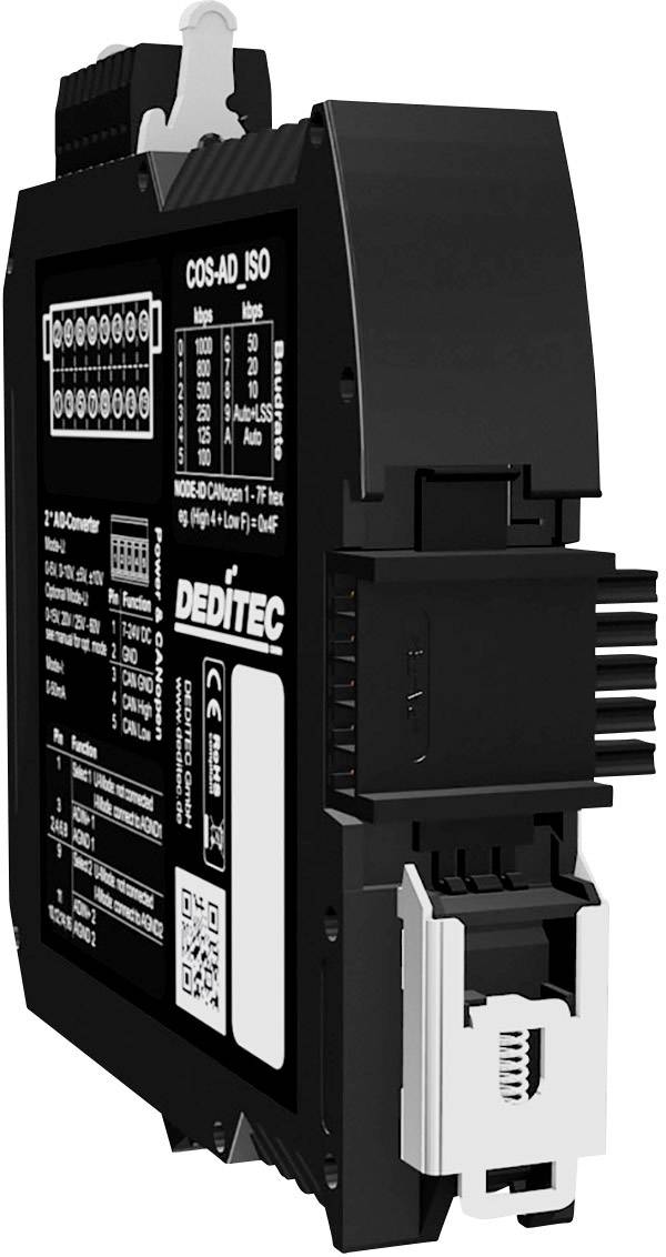 Czarny moduł elektroniczny z wieloma złączami i oznaczeniami. Logo marki 'DEDITEC'. Nadaje się do zastosowań przemysłowych.