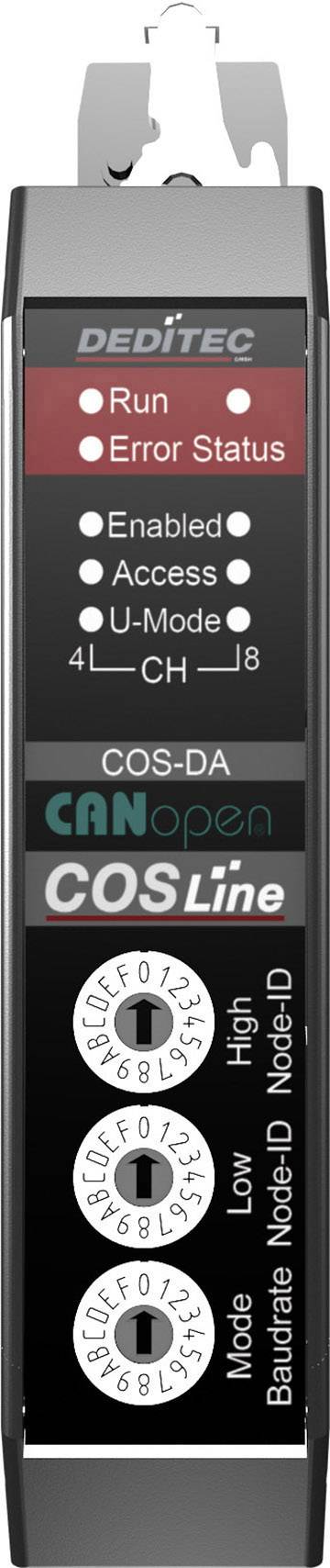 Zdjęcie przedstawia urządzenie elektroniczne firmy DEDITEC z diodami LED sygnalizującymi stan 'Run' i 'Error Status'. Posiada ono przełączniki obrotowe do ustawiania 'Mode' i 'Node-ID'.