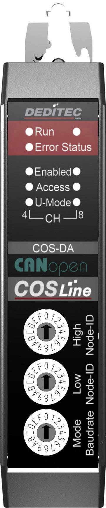 Urządzenie elektryczne z wyświetlaczami LED dla 'Praca', 'Status błędu', 'Aktywne' i inne. Posiada przełączniki do ustawiania adresów od 0 do 9 oraz opcji Niski/Wysoki.