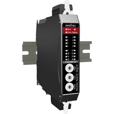 Czarny moduł elektroniczny z czerwonymi i zielonymi diodami statusowymi oraz wieloma złączami, zamontowany na szynie metalowej.