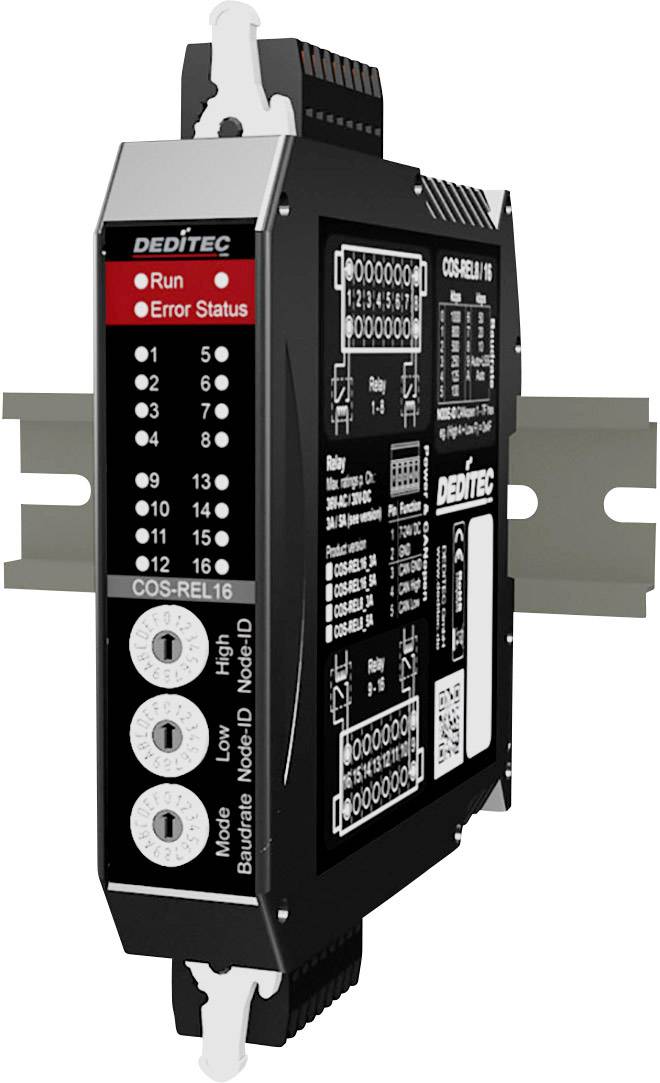 Elektroniczny moduł przekaźnikowy. Diody LED wskazują stan 'Pracy' i 'Błędu'. Zamontowany na szynie DIN, prezentuje specyfikacje techniczne.
