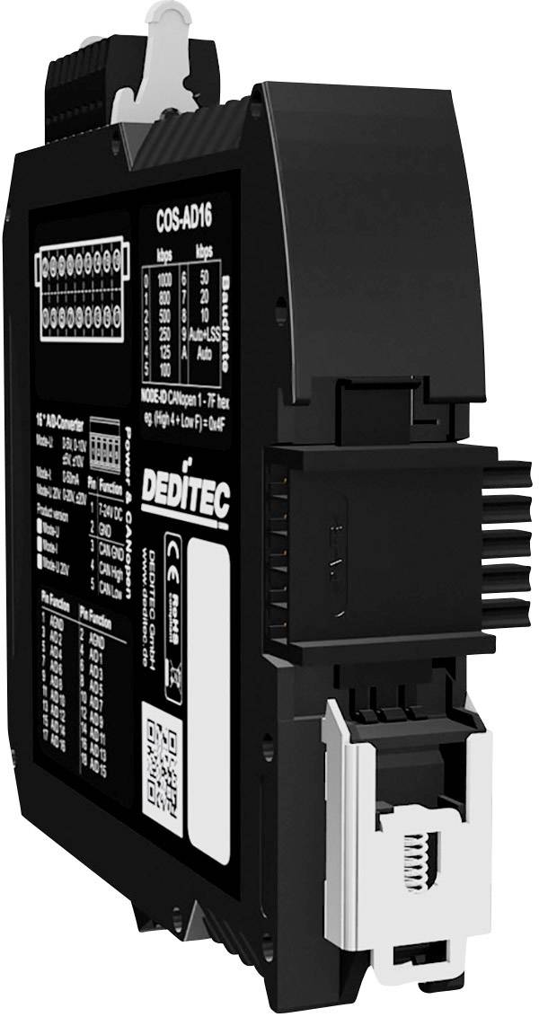 Moduł elektroniczny dla przemysłu z interfejsami i danymi technicznymi na obudowie.