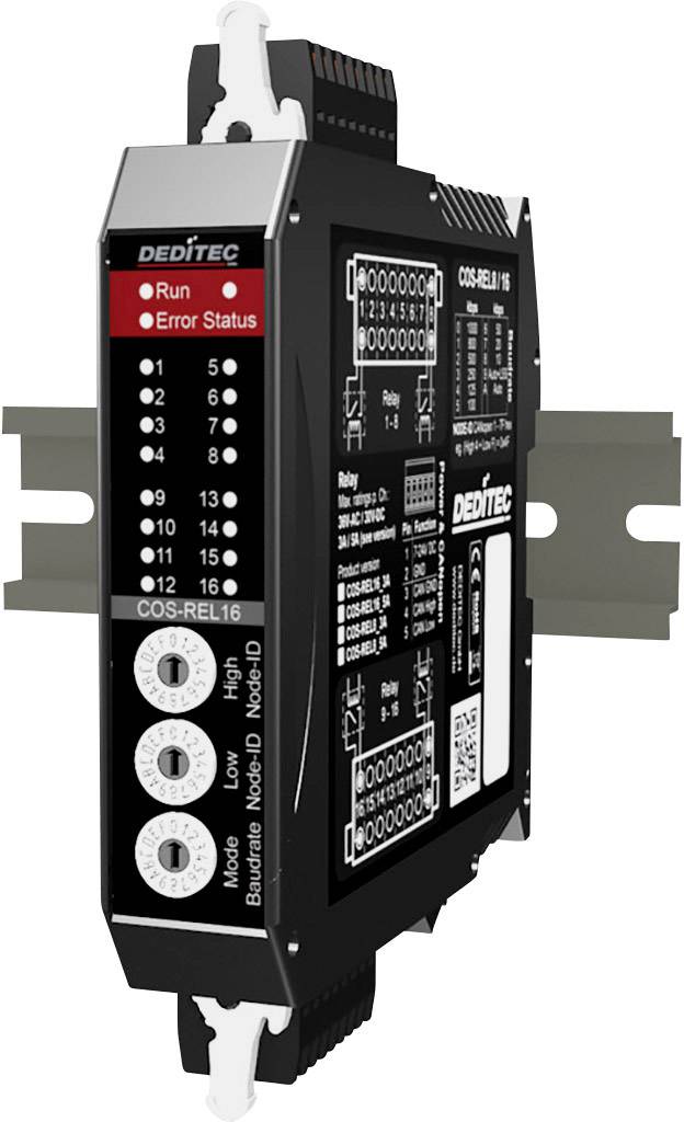 'DEDITECH MODBUS-Moduł COS-REL16.' Czarne urządzenie elektroniczne do sterowania i monitorowania, montowane na szynie DIN.