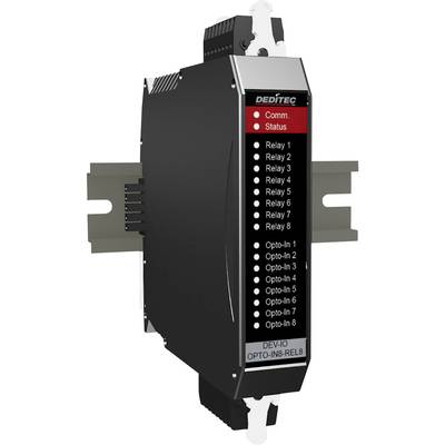 Czarny elektroniczny moduł montowany na szynie DIN z czerwonymi i zielonymi diodami LED sygnalizującymi stan. Wskazuje aktywność lub brak aktywności różnych przekaźników.
