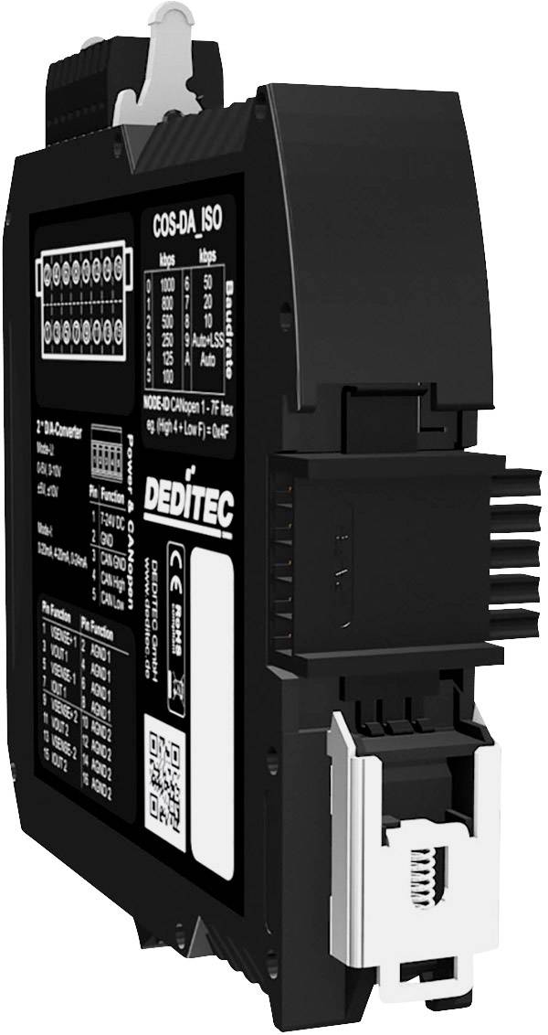 Elektroniczny moduł przekaźnikowy w czarnej obudowie, z wieloma złączami i oznaczeniami. Nazwa marki widoczna z boku.