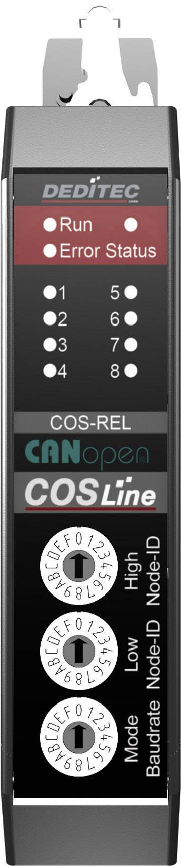 Moduł 'DEDITEC COS-REL CANopen COS Line' z diodami LED do sygnalizacji statusu Run i Error, przełącznikami DIP do konfiguracji, przeznaczony specjalnie dla systemów CANopen.