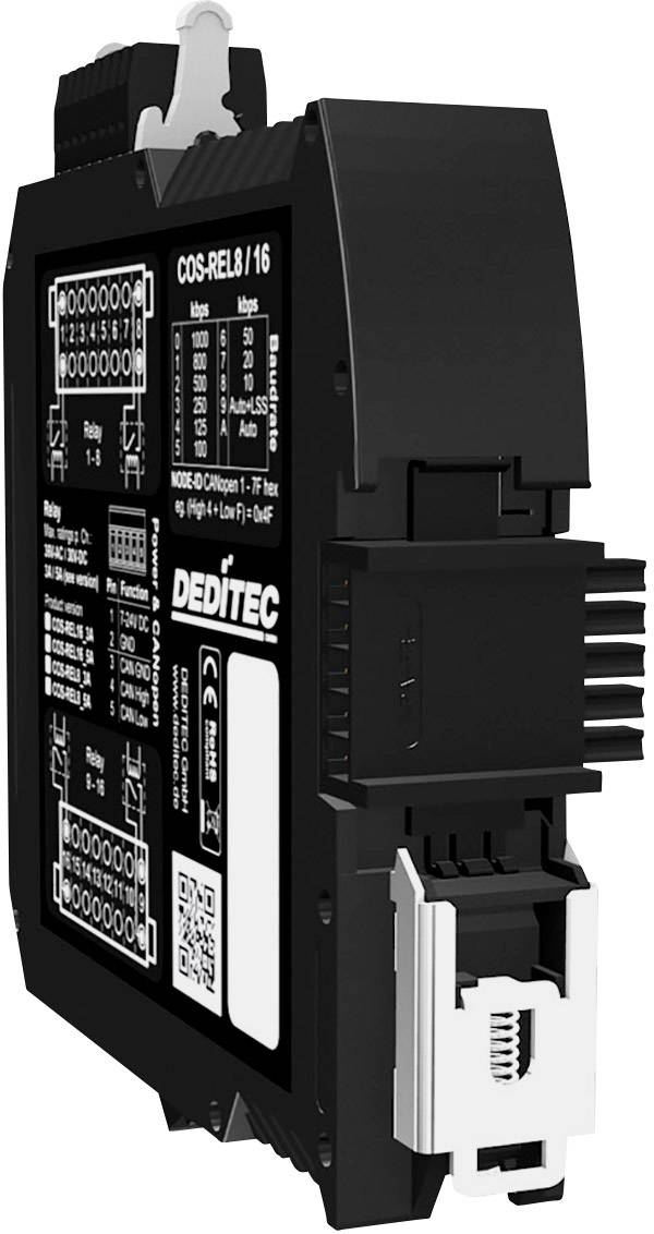 Czarny moduł szynowy DIN z oznaczeniem 'DEDITEc COS-REL8'. Prezentuje dane techniczne, schematy połączeń i kod QR na powierzchni.