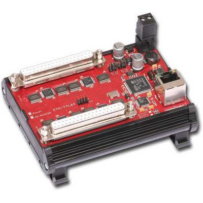Czerwona elektroniczna płytka drukowana z elementami i złączami, w tym dwiema listwami złączającymi, gniazdem sieciowym oraz kondensatorami.