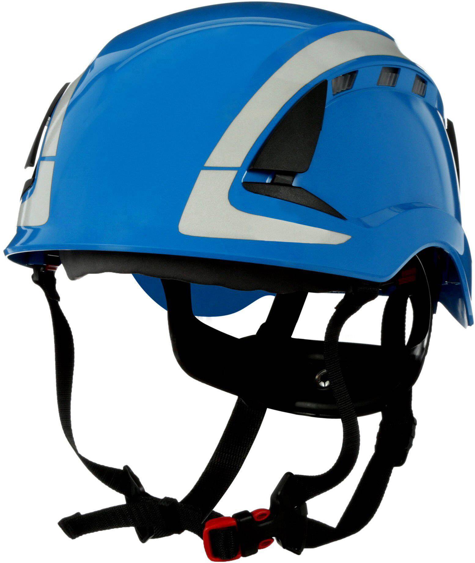 Niebieski kask ochronny z regulowanym paskiem na kark i paskiem pod brodą, z czarno-białymi akcentami, odpowiedni do bezpieczeństwa pracy.