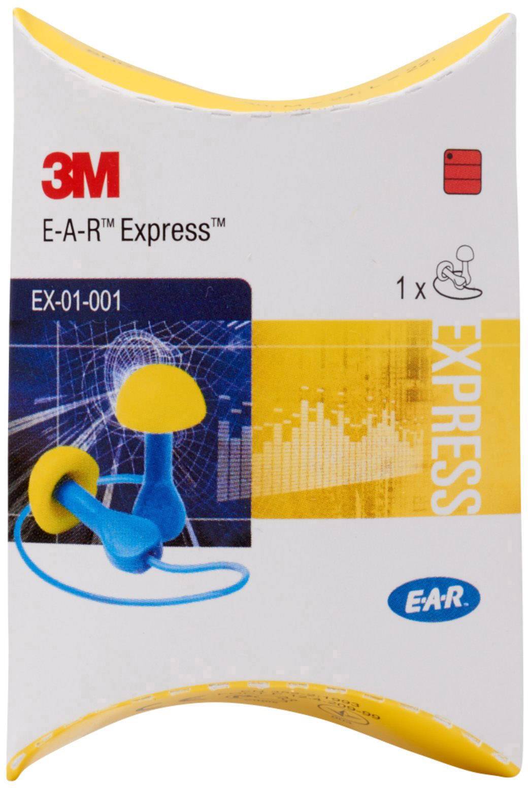 Opakowanie zatyczek do uszu 3M E-A-R Express, model EX-01-001, zawiera jedną parę, prezentuje zdjęcie produktu i kod kreskowy.