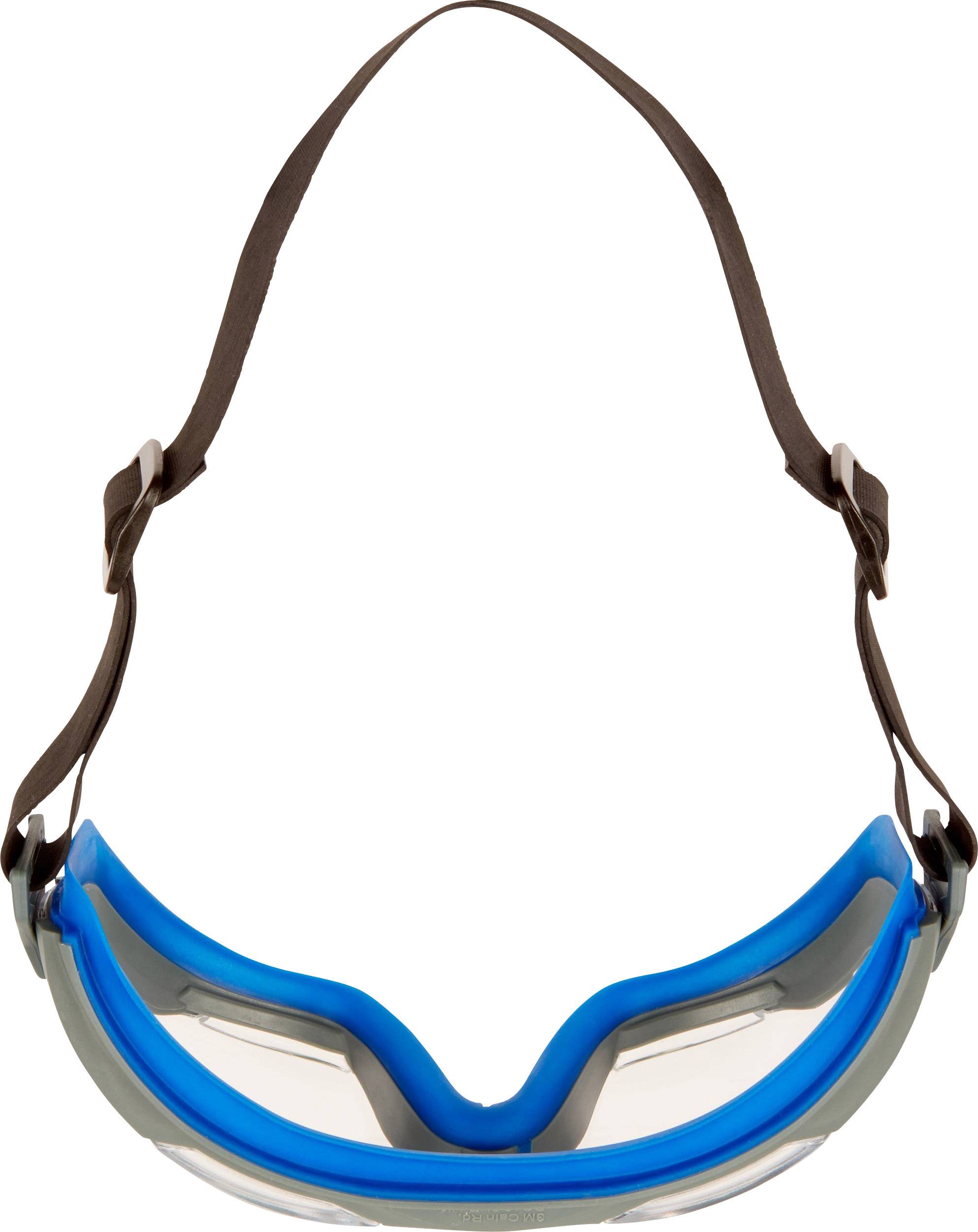 Niebieskie okulary pływackie z brązowymi, regulowanymi paskami, specjalnie przeznaczone do sportów wodnych lub pływania.