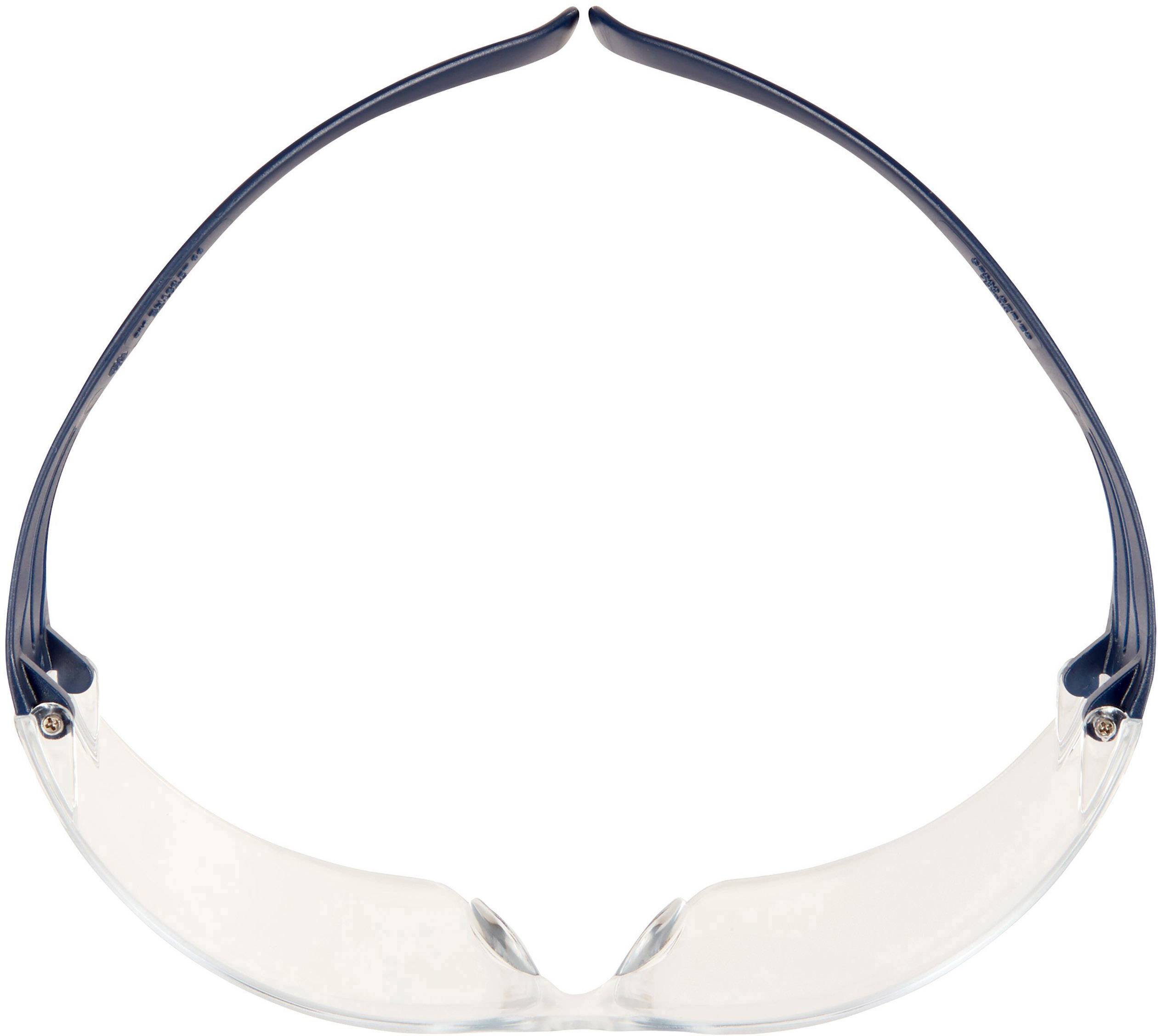 Okulary ochronne z przezroczystymi soczewkami i ciemnoniebieskimi oprawkami, odpowiednie do prac związanych z bezpieczeństwem lub w laboratorium.