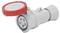Biały, obrotowy wtyk z czerwoną blokadą, przeznaczony do zastosowań przemysłowych. Posiada pięć okrągłych styków.