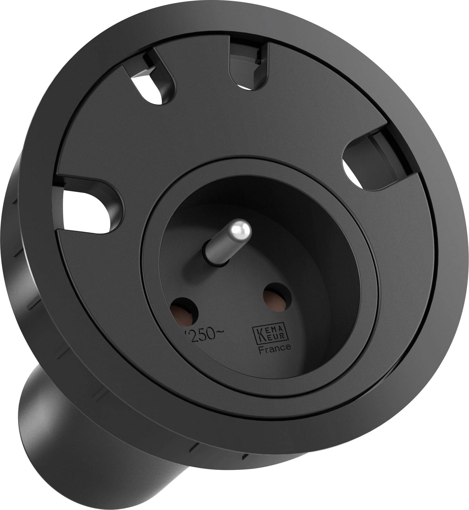 Okrągłe, czarne, francuskie gniazdo elektryczne z bolcem uziemiającym, odpowiednie dla wtyczek euro i schuko.