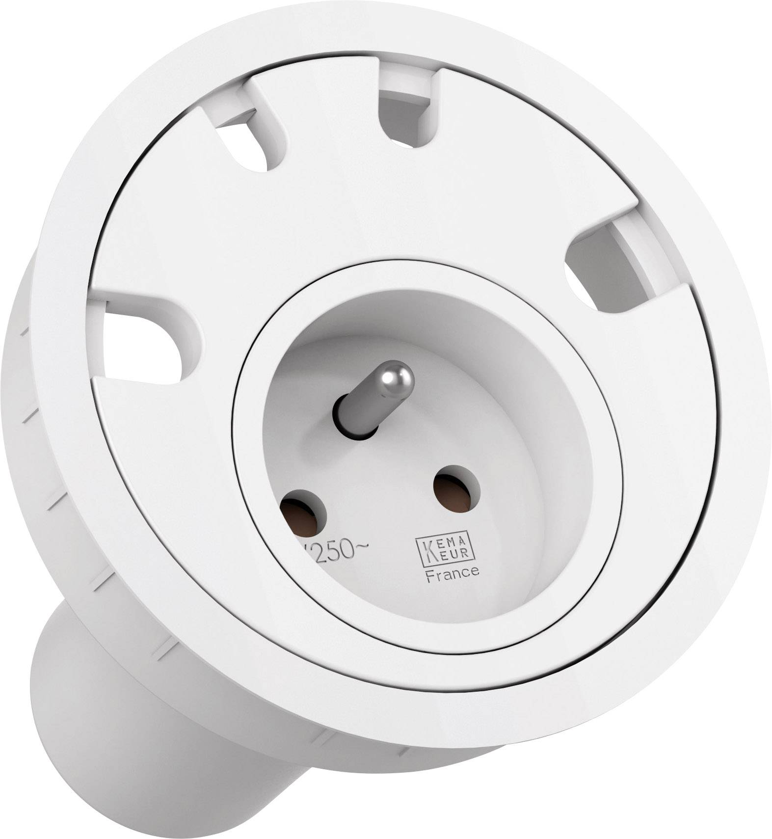 Biała wtyczka, okrągła z dwoma otworami mocującymi, odpowiednia dla europejskich wtyczek, z oznaczeniem '250' i 'France'.