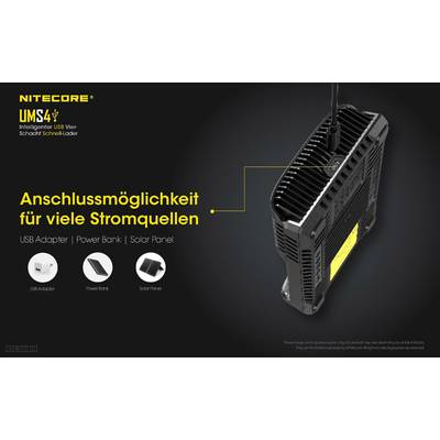 Ładowarka Nitecore UMS4, inteligentna ładowarka USB Quick Charge, kompatybilna z adapterem USB, powerbankiem, panelem słonecznym; prezentuje możliwości podłączenia.