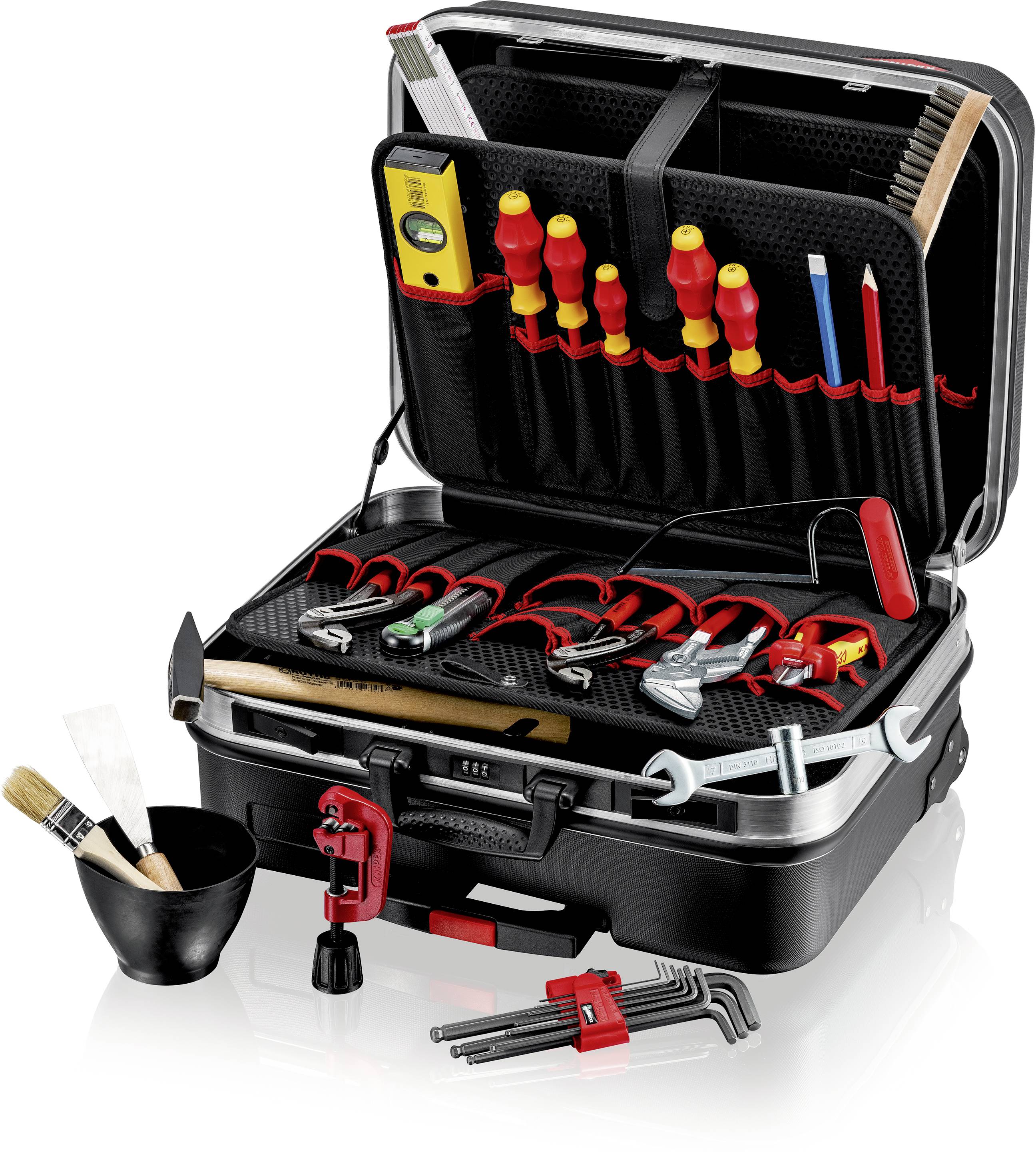 Skrzynka narzędziowa z otwartą pokrywą prezentuje różne narzędzia rzemieślnicze, takie jak śrubokręty, szczypce i młotek.